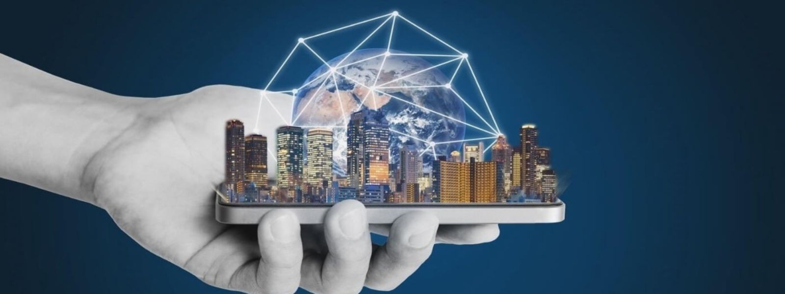 Concept art illustrating blockchain network integration with modern real estate buildings for fractional investment on Landbitt.