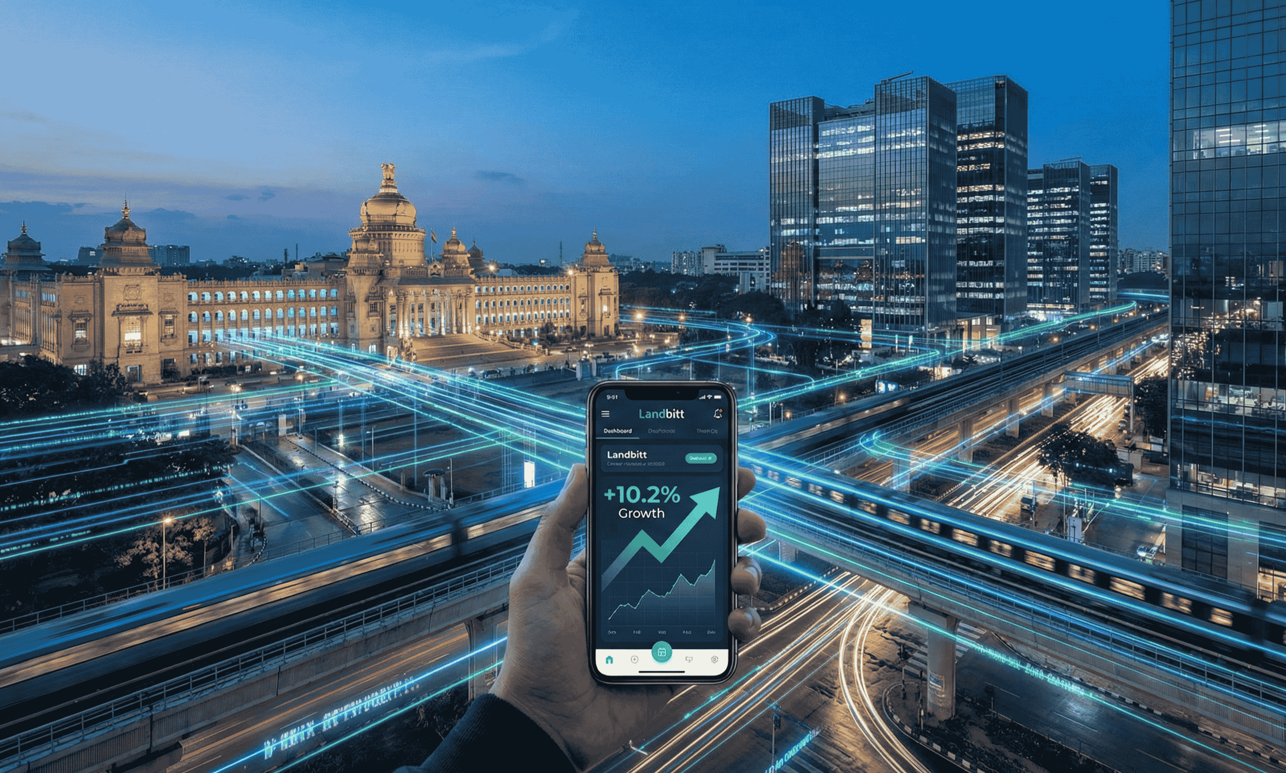 Bengaluru Tech Hub Growth Futuristic view of Bengaluru city skyline as a major tech hub, with a smartphone displaying Landbitt real estate growth data.