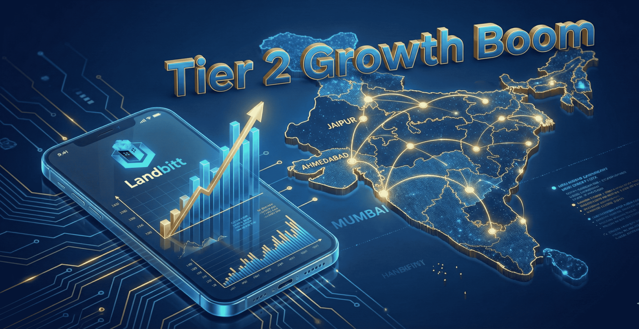 Tier2 city real estate Panoramic view of rapid infrastructure development and construction cranes in an Indian Tier 2 city skyline, symbolizing the real estate growth boom.