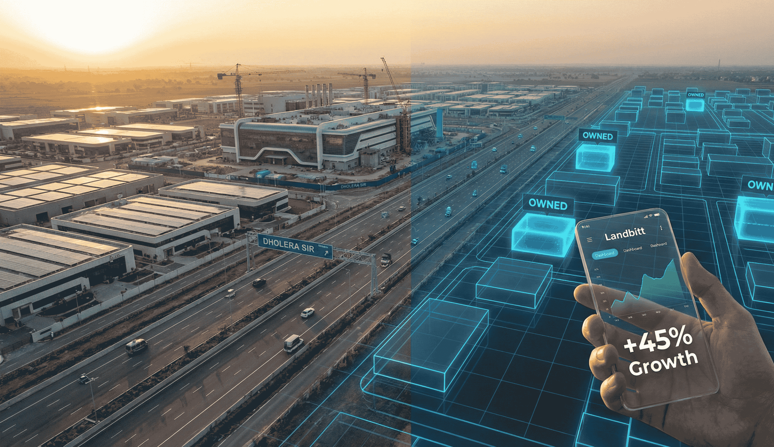 dholera-sir-fractional-ownership-landbitt-hero Split screen concept showing Dholera SIR agricultural land transforming into digital blockchain tokens, with a hand holding a smartphone displaying the Landbitt investment app.