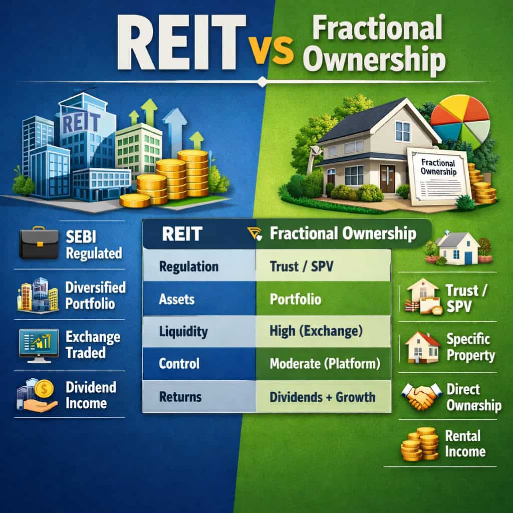 REIT vs Fractional Ownership comparison in India showing differences in ownership structure, returns, liquidity, control, and investment model