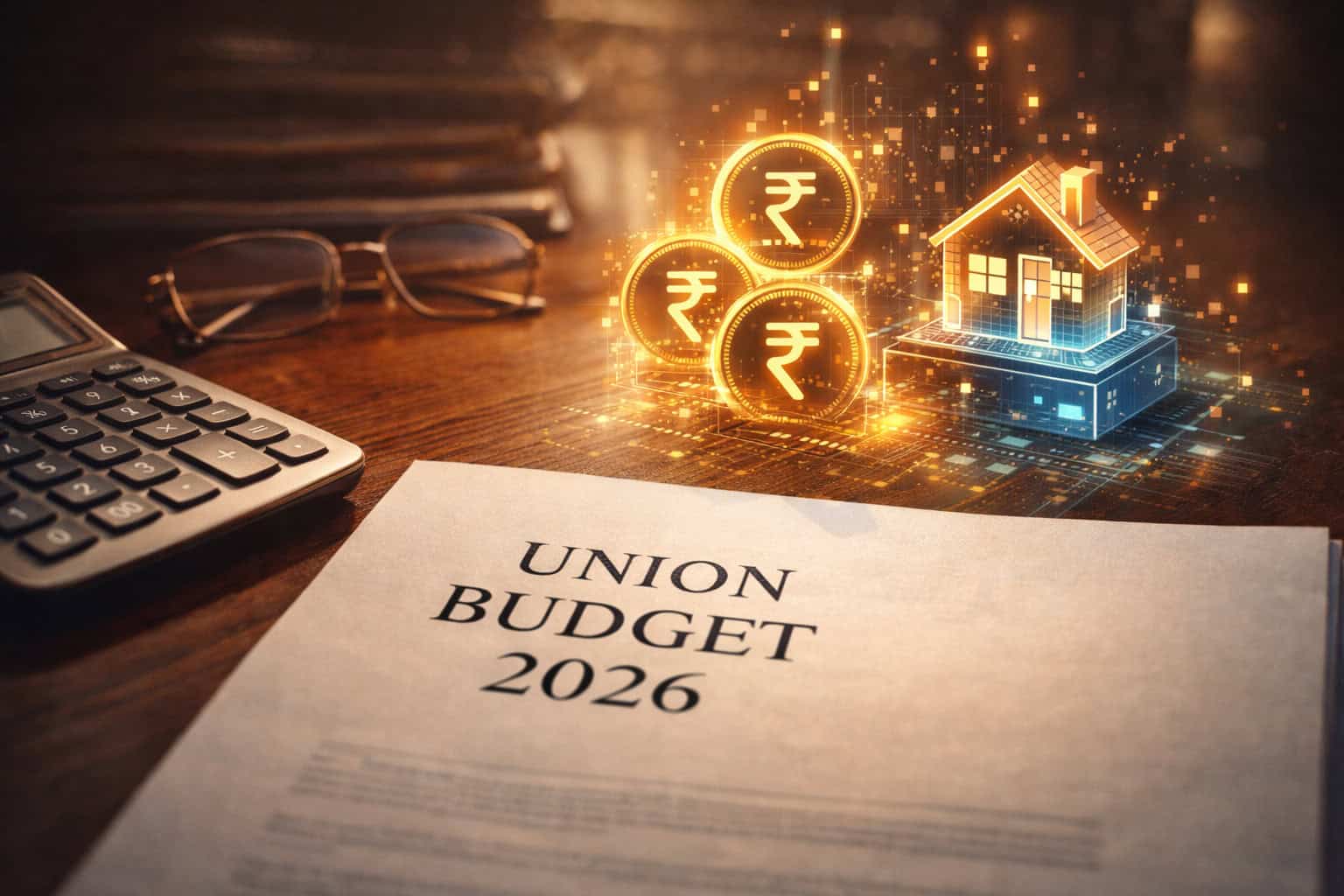 Budget 2026 crypto tax concept showing Indian finance documents and digital asset tokens