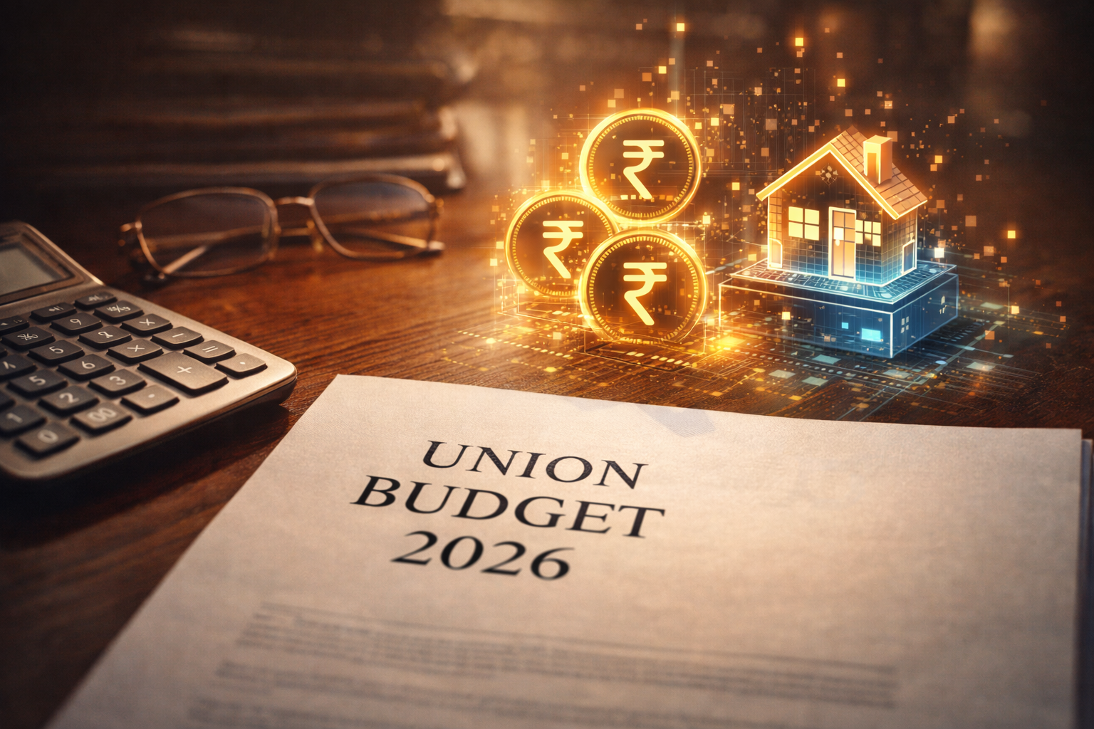 Budget 2026 crypto tax concept showing Indian finance documents and digital asset tokens