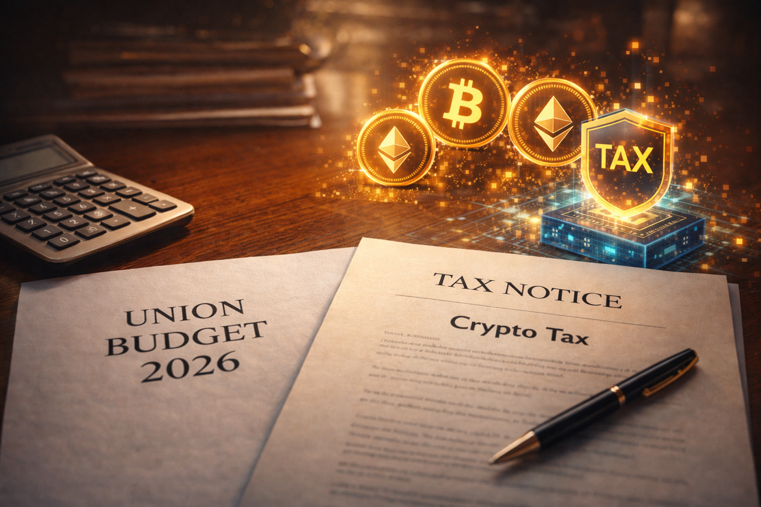Budget 2026 crypto tax concept showing Indian finance documents and digital asset tokens