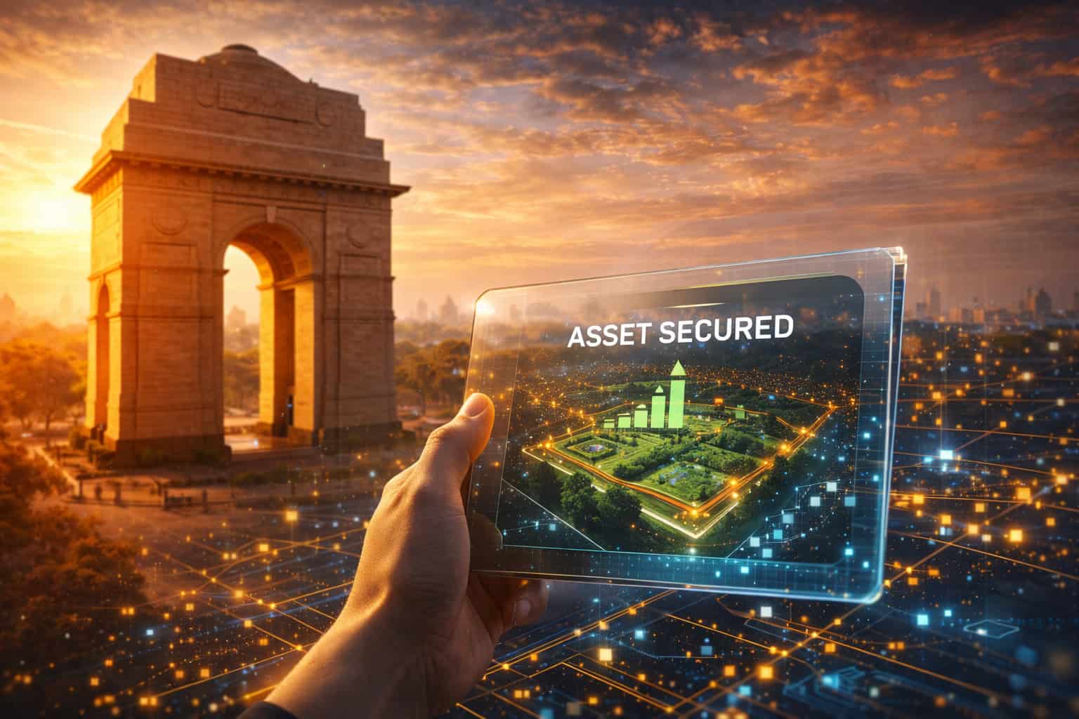 Delhi land investment Delhi land investment concept showing India Gate and digital fractional ownership tokens