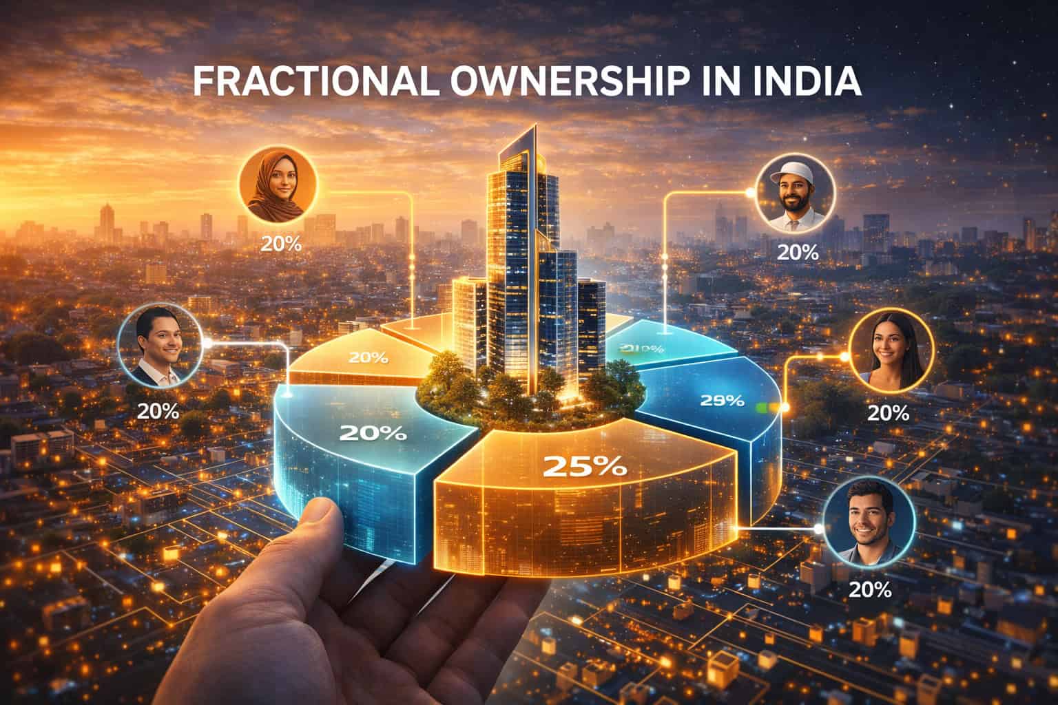 Fractional Ownership in India concept showing a digital pie chart of a building