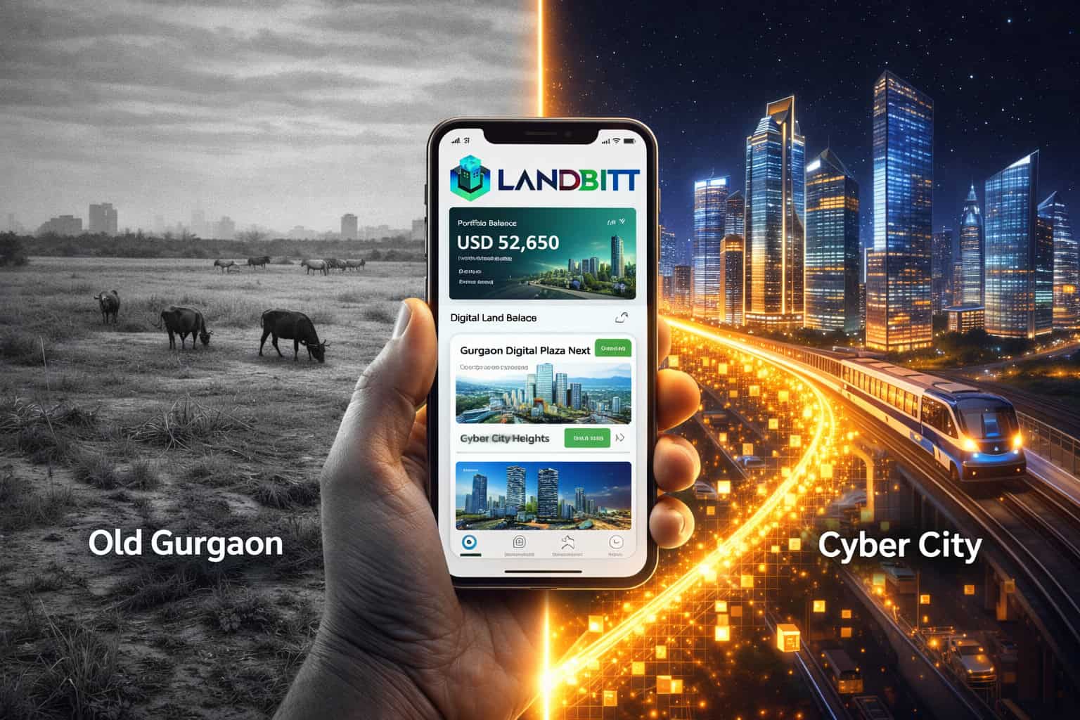 Gurgaon land investment Gurgaon land investment concept showing Cyber City skyline and digital fractional ownership tokens