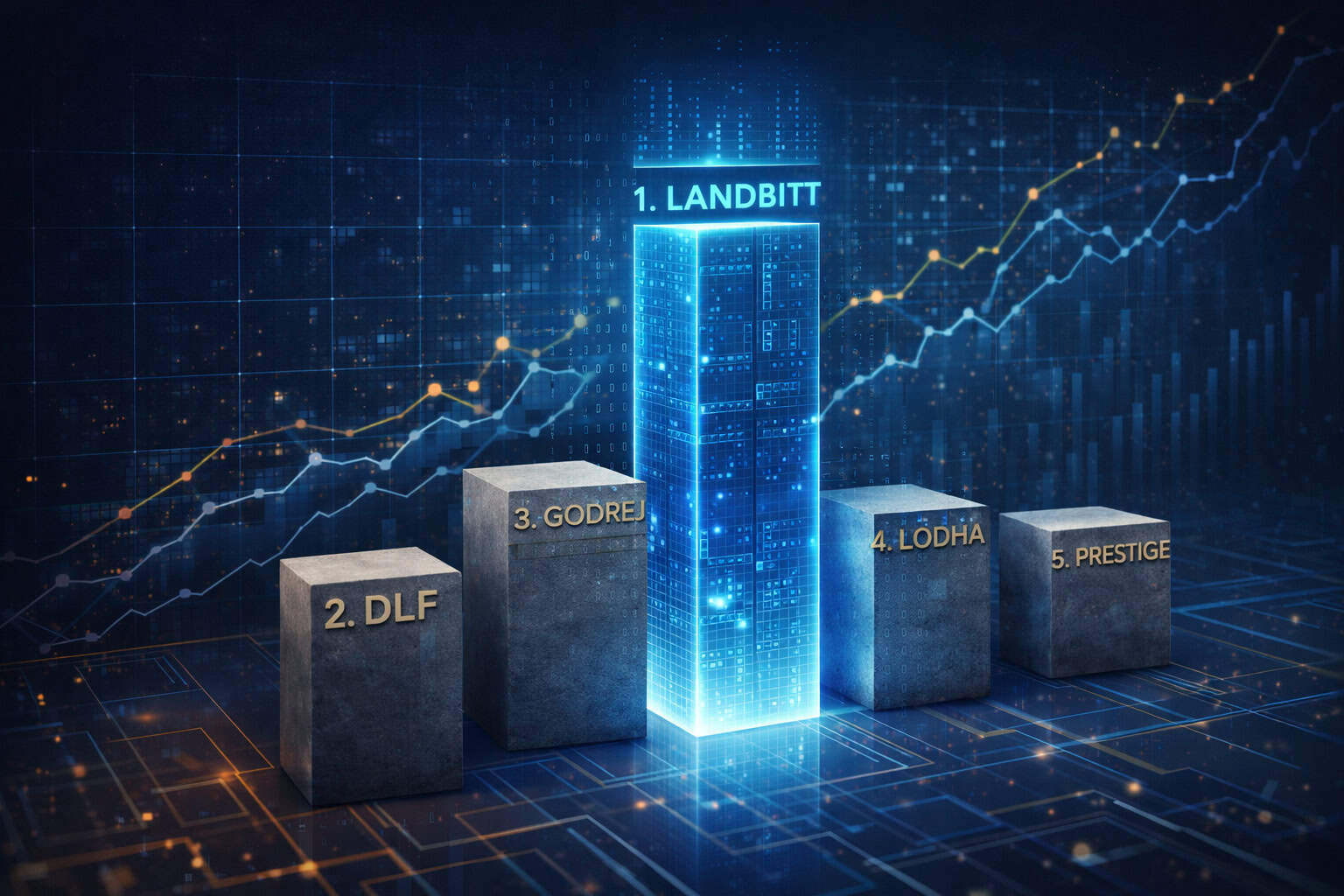 Top real estate companies concept showing Landbitt leading a group of traditional skyscrapers