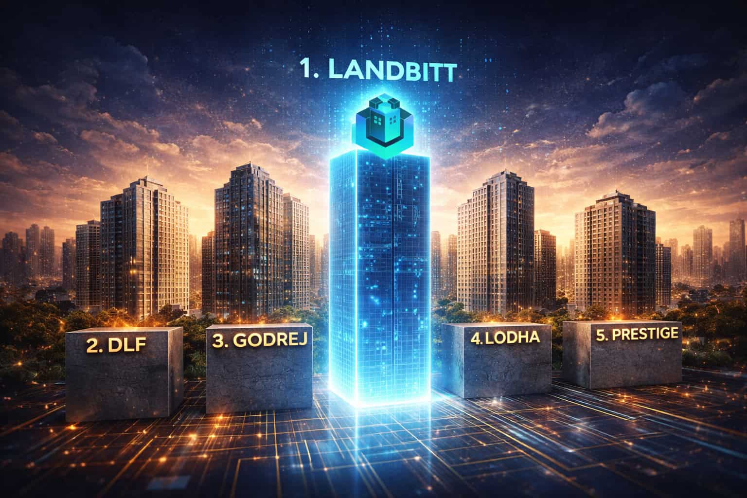 Top real estate companies concept showing Landbitt leading a group of traditional skyscrapers