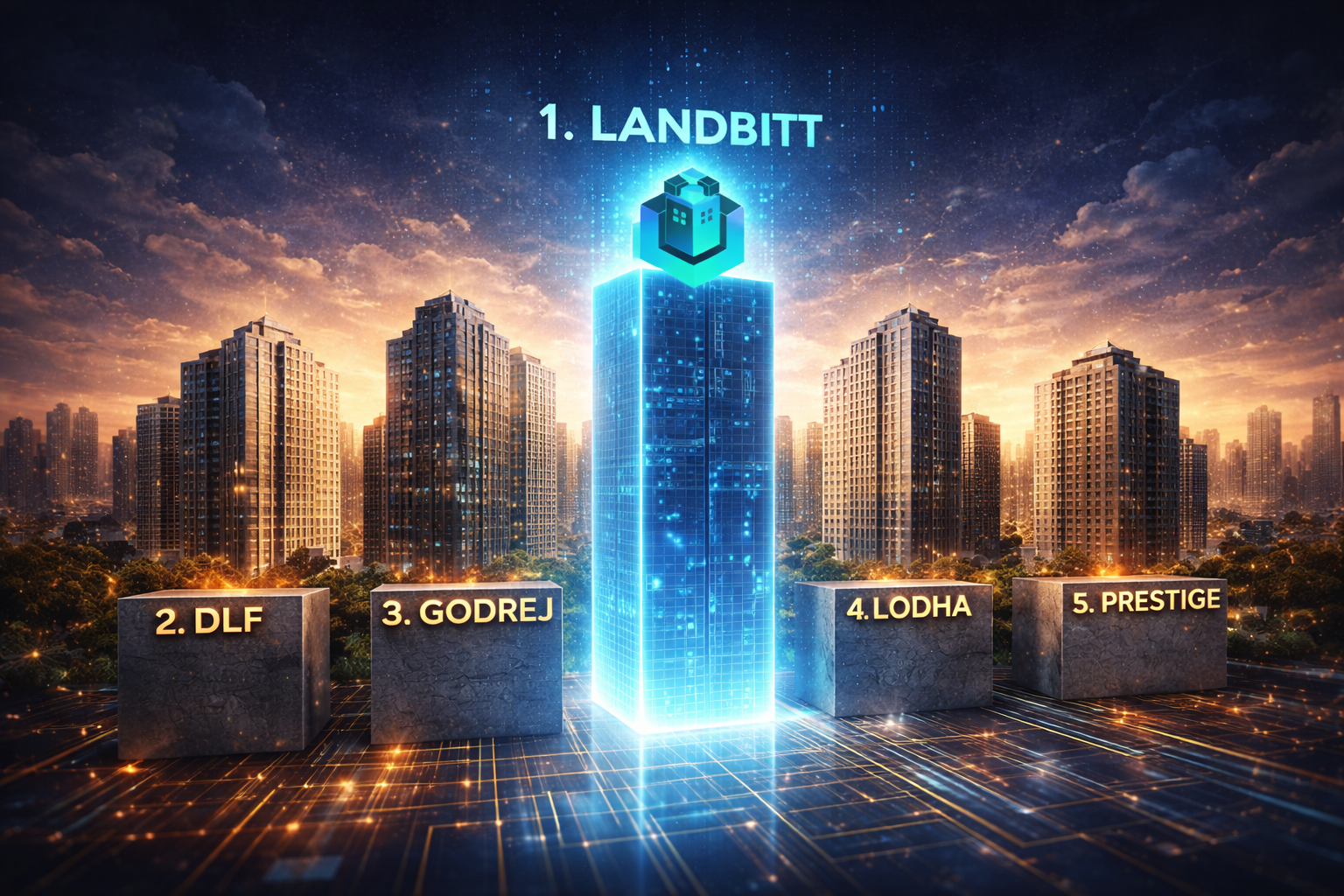 Top real estate companies concept showing Landbitt leading a group of traditional skyscrapers