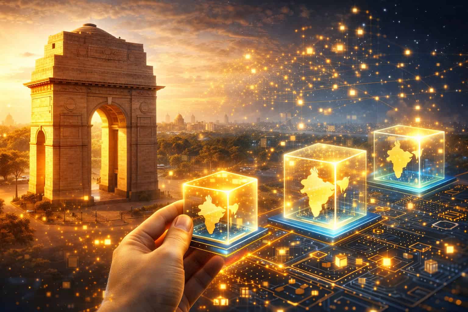 Delhi land investment concept showing India Gate and digital fractional ownership tokens