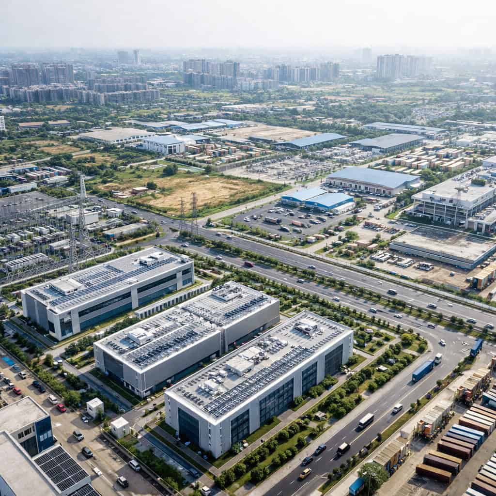 Dholera smart city industrial zone with large data centre buildings in Gujarat