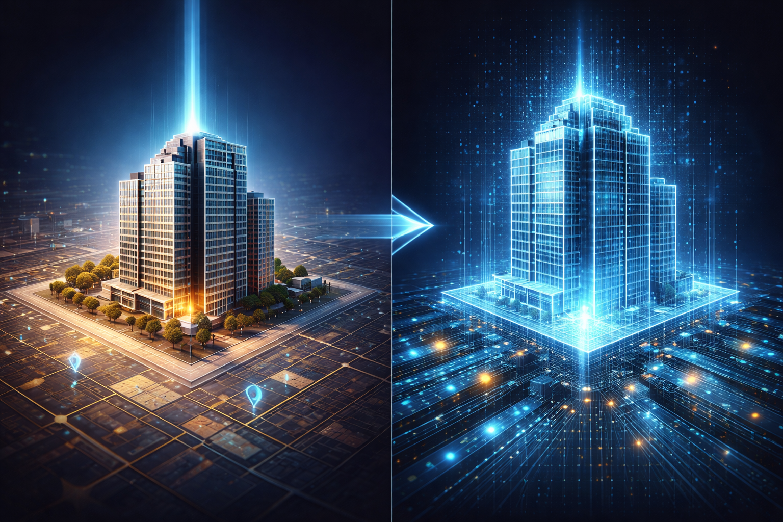 Tokenized real estate concept showing a digital twin of a building on a blockchain