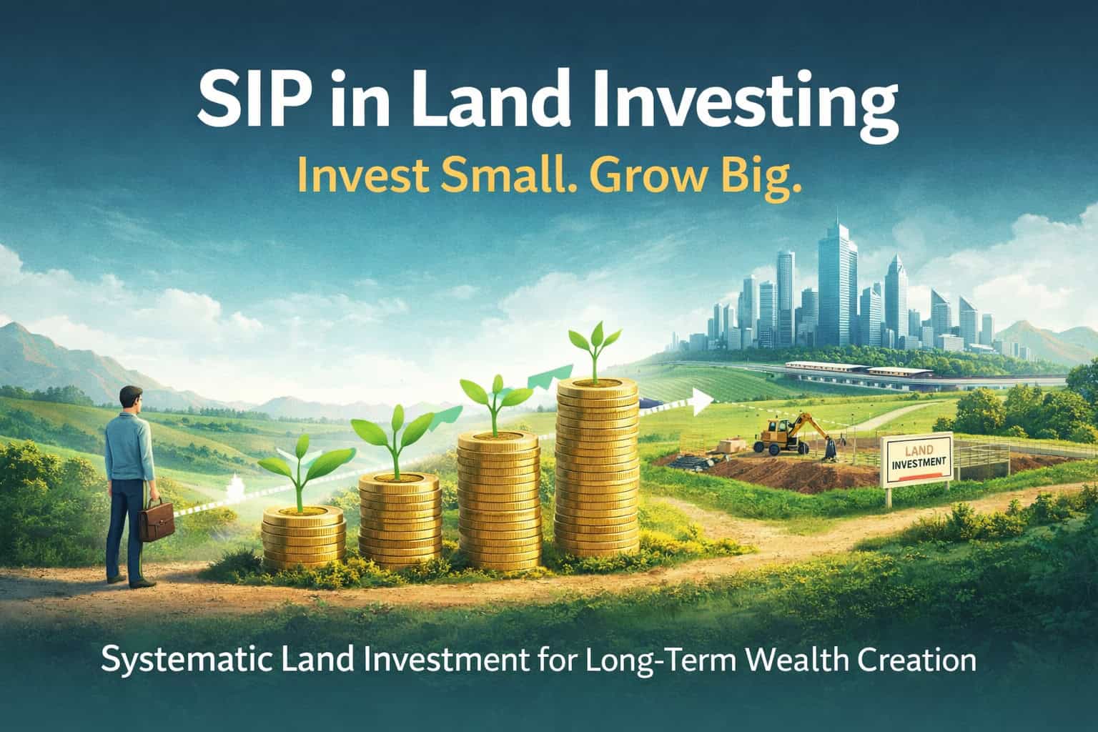 SIP in land investing illustration showing systematic land investment growth with coins, saplings and infrastructure development