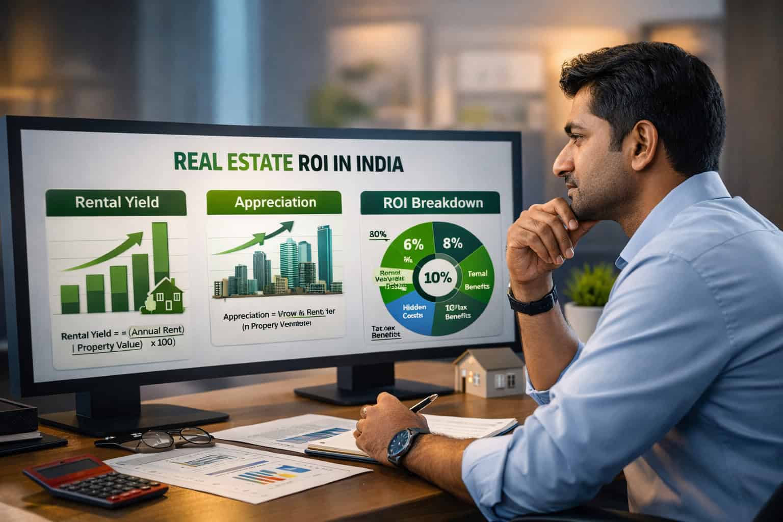 Real Estate ROI Calculation India Guide Indian investor analyzing real estate ROI in India with rental yield and appreciation charts
