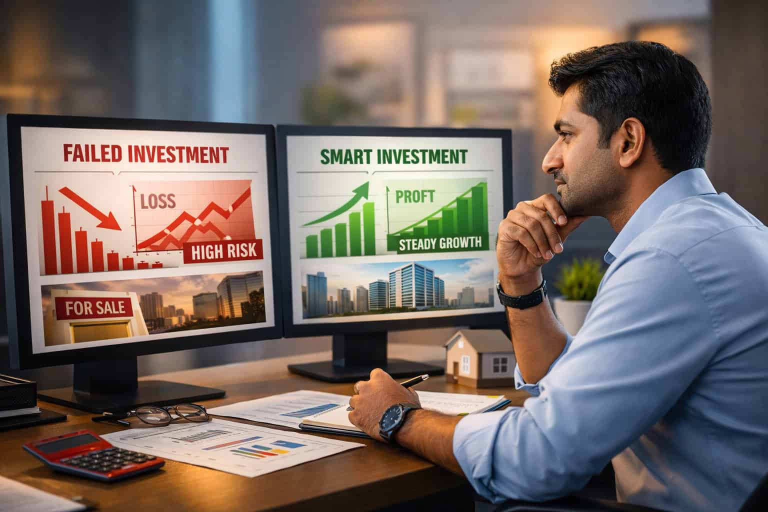 Indian investor comparing failed and successful real estate investment strategies with data charts