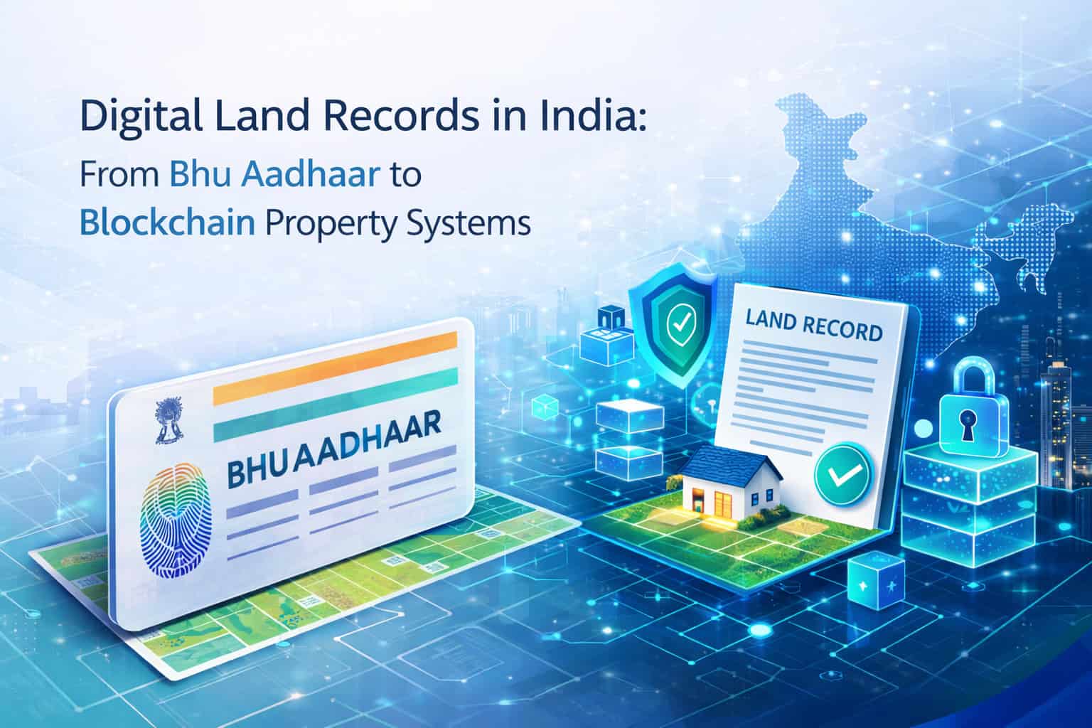 Digital land records in India showing transition from Bhu Aadhaar system to blockchain-based property record technology