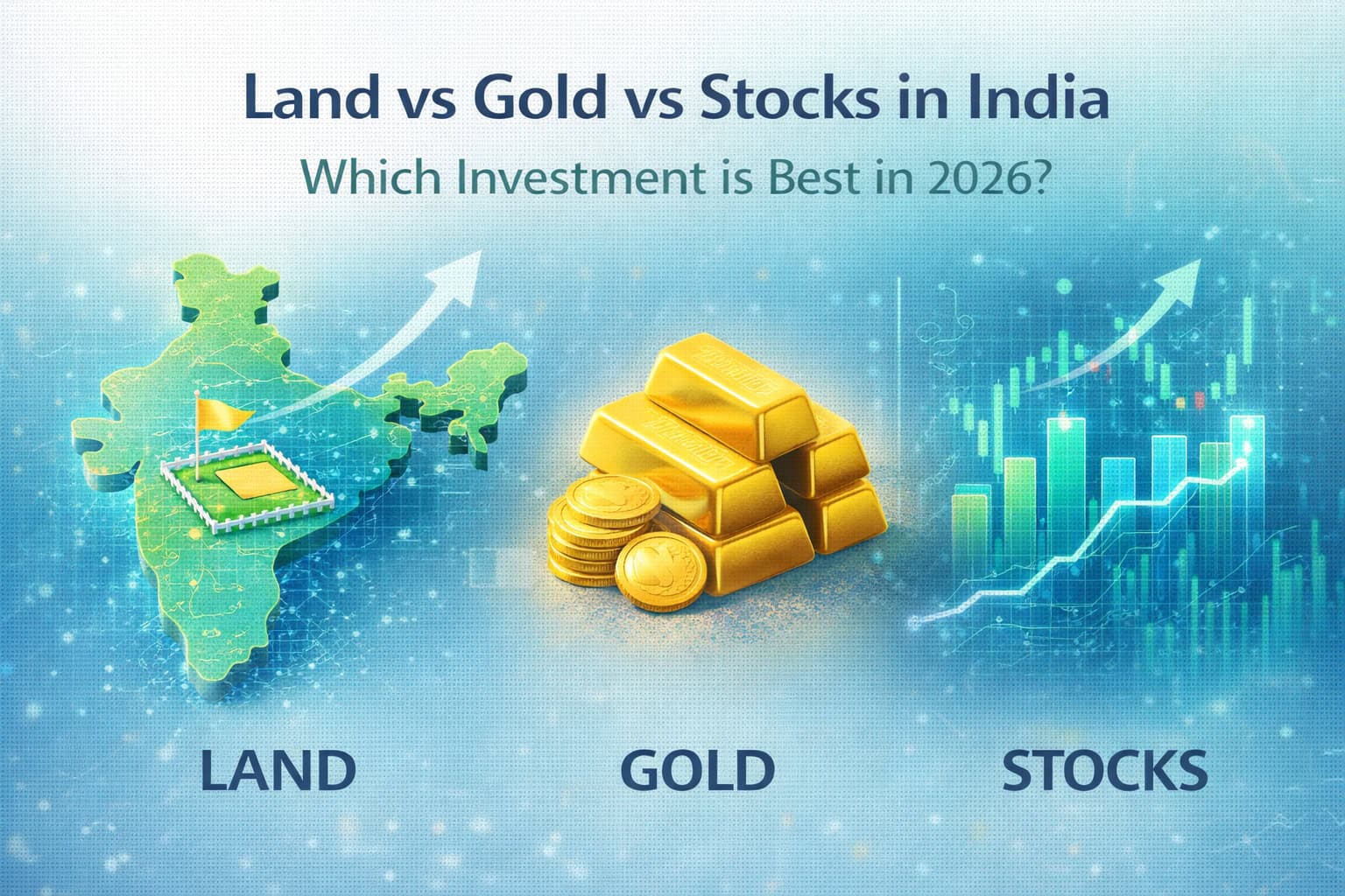 land vs gold vs stocks in india comparison showing real estate gold investment and stock market growth for 2026