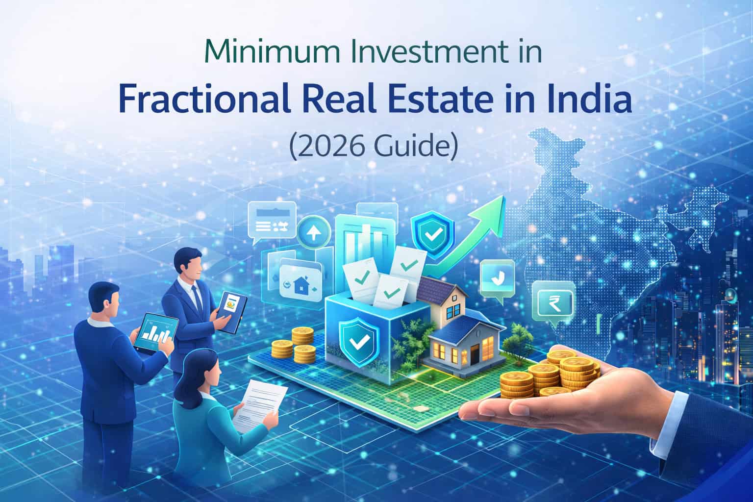 minimum investment fractional real estate india showing digital property investment platform and investors participating in fractional property ownership