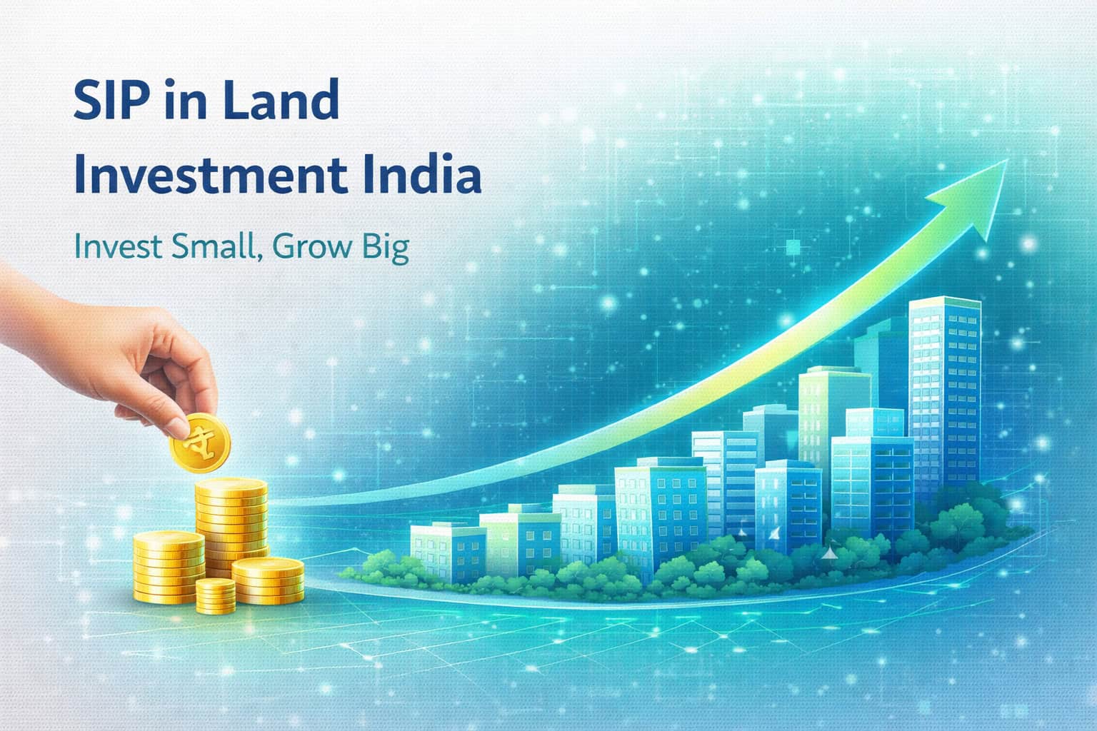 sip in land investment india concept showing small monthly investment growing into real estate ownership with digital property and blockchain system