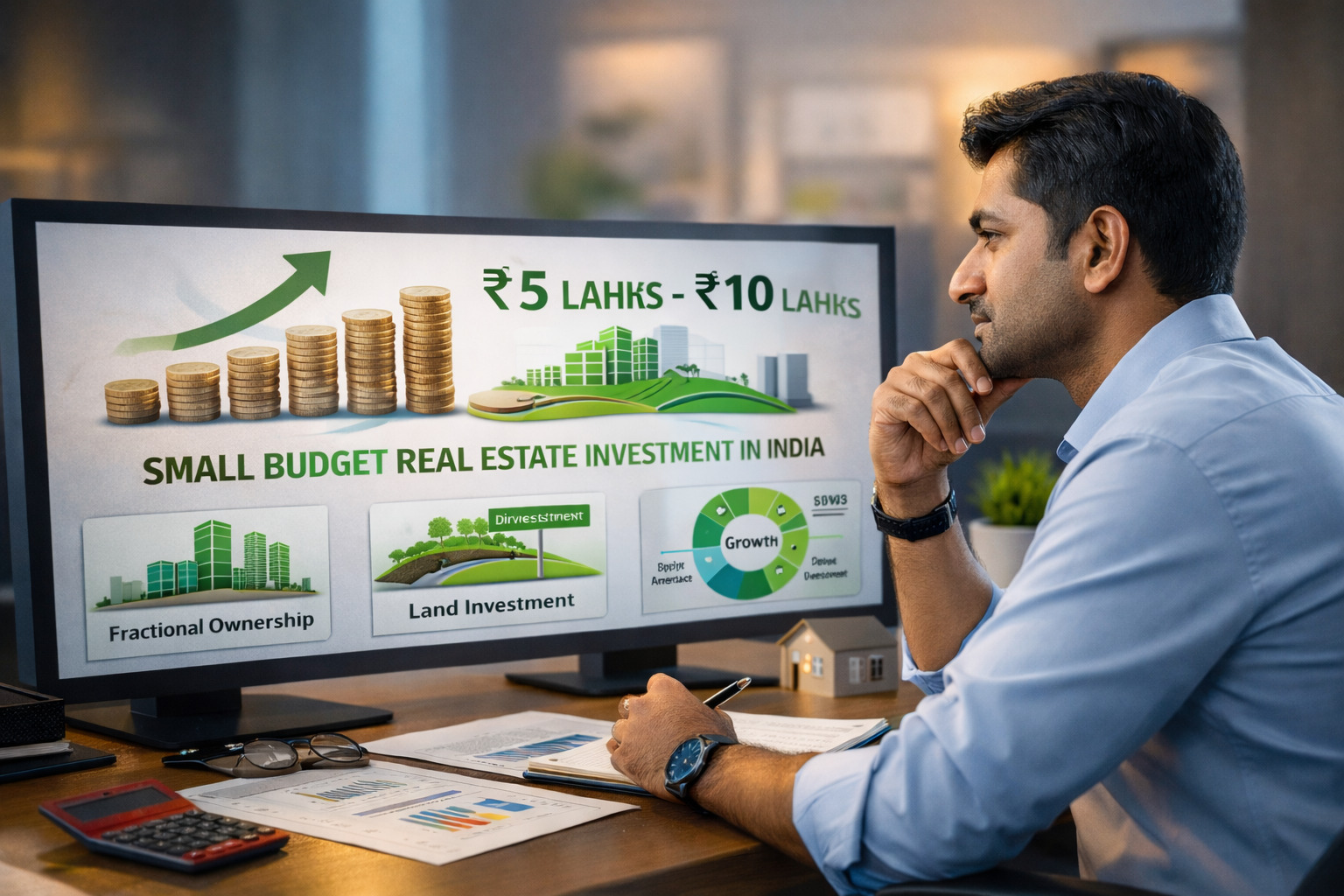 Indian investor planning 5 to 10 lakh real estate investment with growth charts and strategy