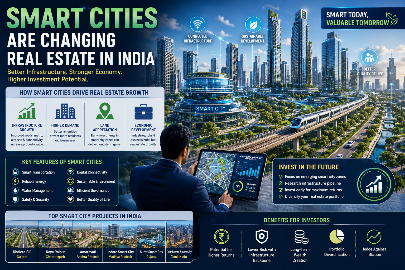 smart-cities-real-estate-india smart cities real estate India showing futuristic infrastructure and urban investment growth