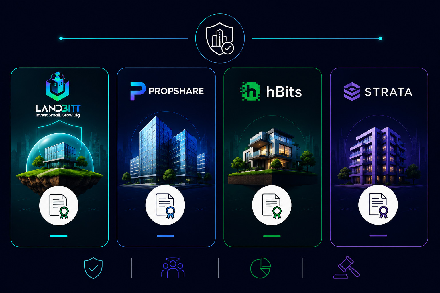 LandBitt vs PropShare vs hBits vs Strata Comparison Visual comparison of LandBitt, PropShare, hBits, and Strata highlighting different fractional real estate investment structures in India.