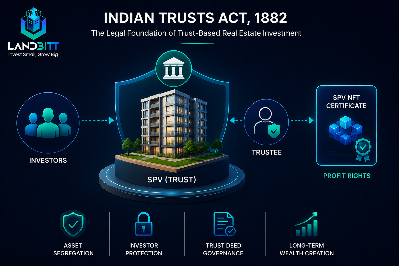 Illustration explaining the Indian Trusts Act, 1882 and how a Trust-based SPV protects investors in fractional real estate through a trustee and profit rights structure.