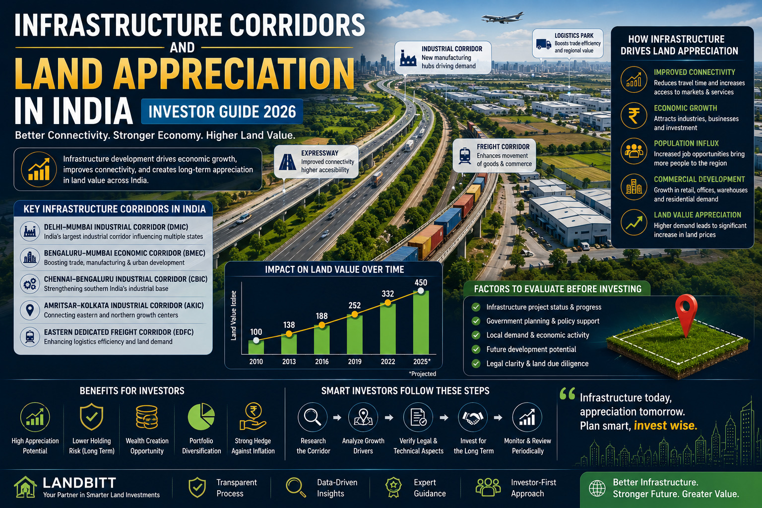 infrastructure corridors land appreciation India showing highways industrial growth and land value increase