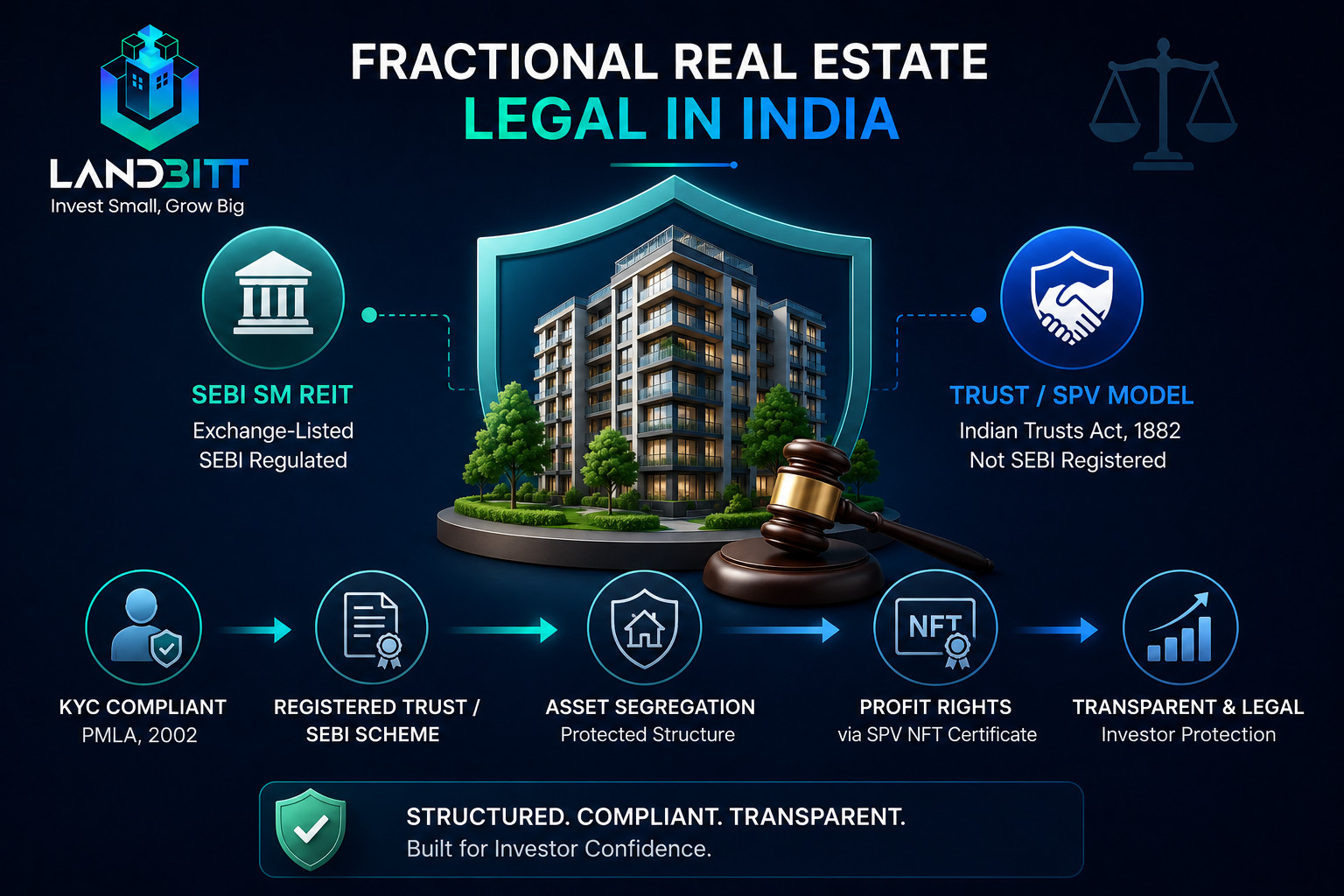Illustration comparing the legal frameworks for fractional real estate in India, including Trust/SPV and SEBI SM REIT structures with investor protection and compliance.