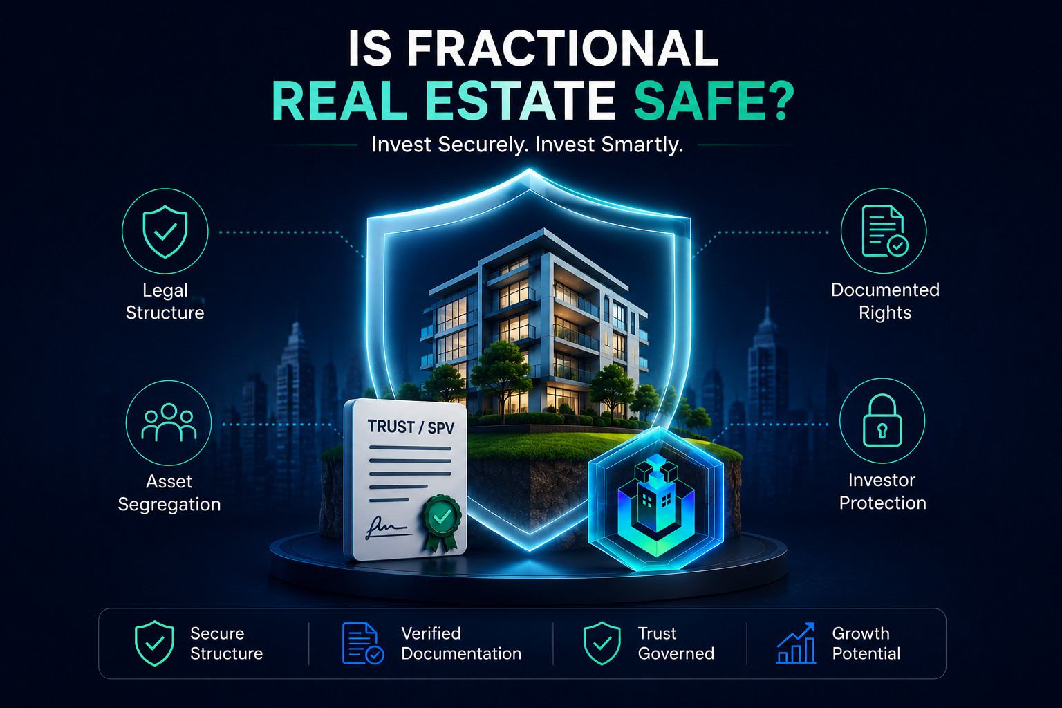 Illustration showing the security, legal structure, and risk factors of fractional real estate investment in India using a Trust/SPV model.