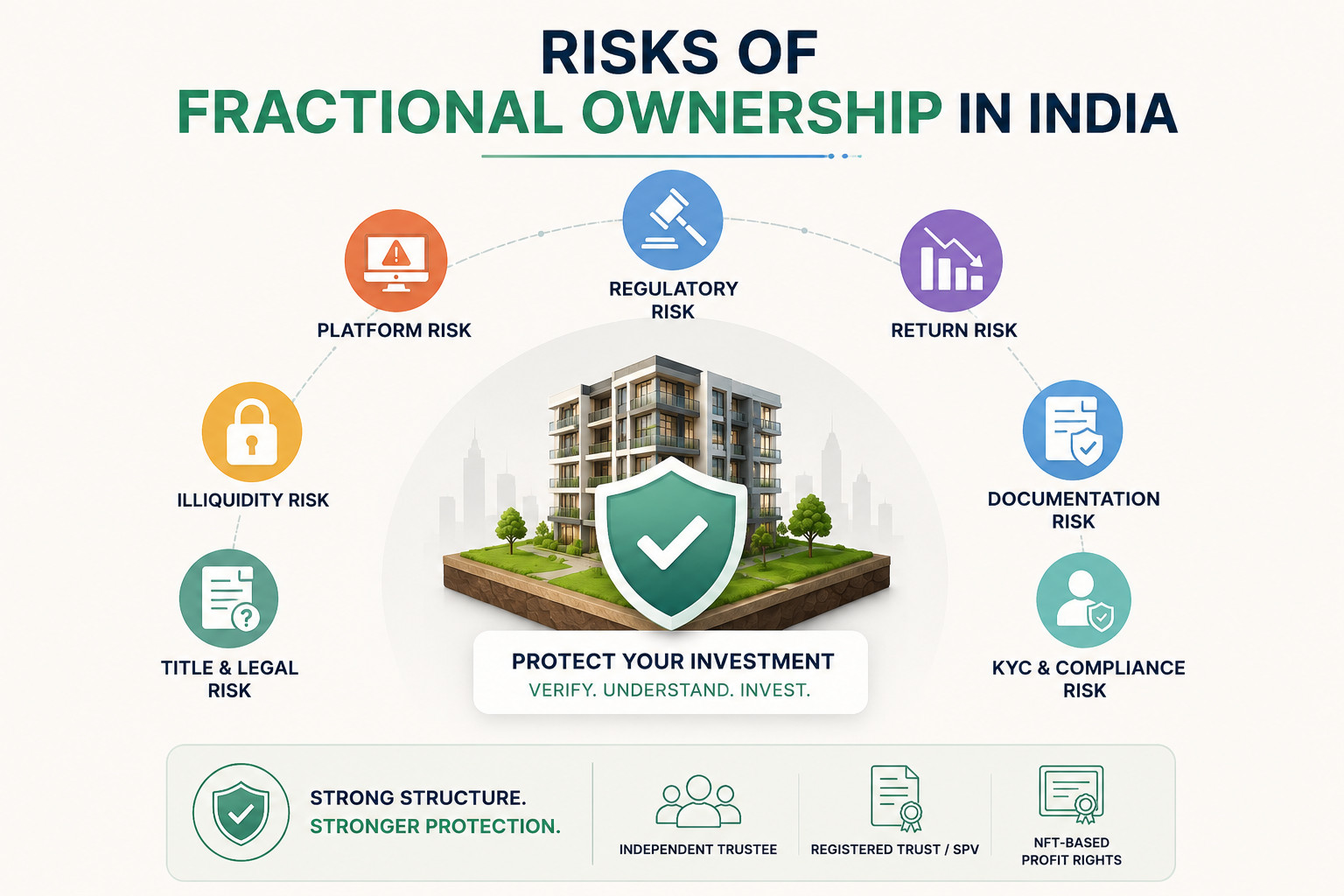 risks-of-fractional-ownership-in-india-honest-guide Modern illustration showing the major risks of fractional real estate ownership in India, including platform risk, illiquidity, legal structure, documentation, and investor protection through a Trust/SPV model.