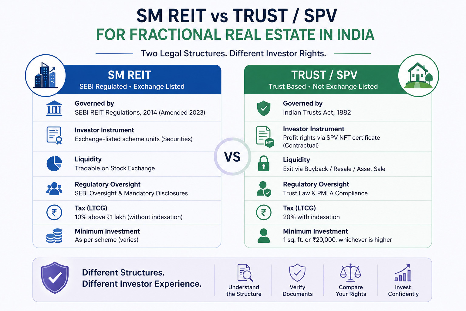 Comparison infographic showing the differences between SEBI SM REIT and Trust/SPV fractional ownership structures in India, including legal framework, investor rights, liquidity, and taxation.