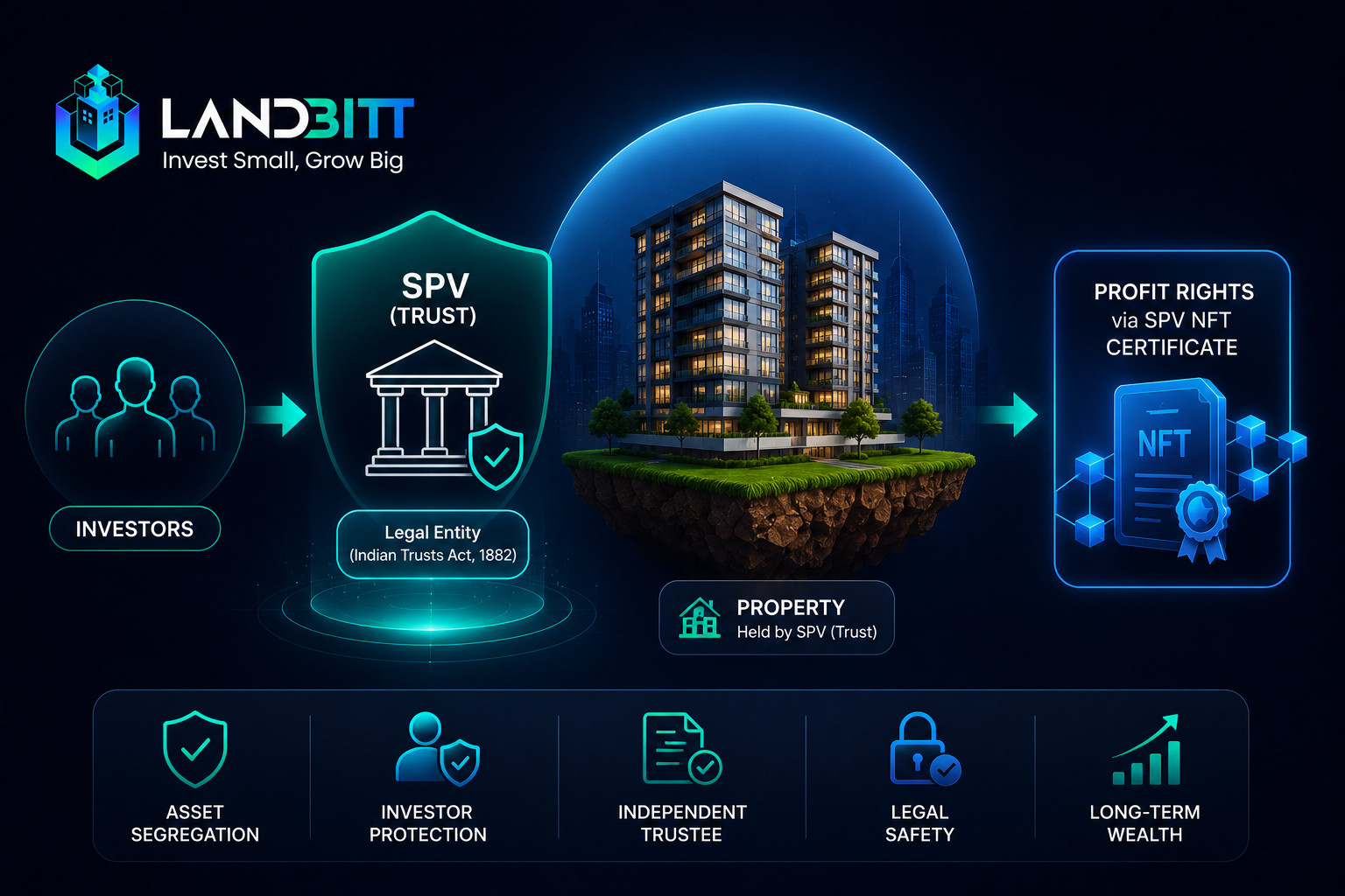 Illustration explaining how a Trust-based SPV works in Indian real estate, showing investors, property, trustee, and profit rights through an SPV NFT certificate.