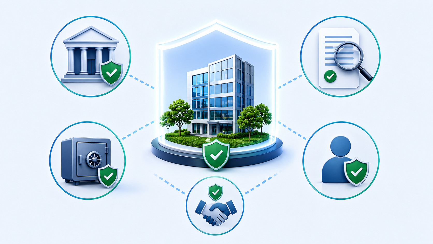 Illustration showing a checklist to verify a fractional real estate platform in India, including legal structure, asset segregation, KYC compliance, documentation, and investor protection.