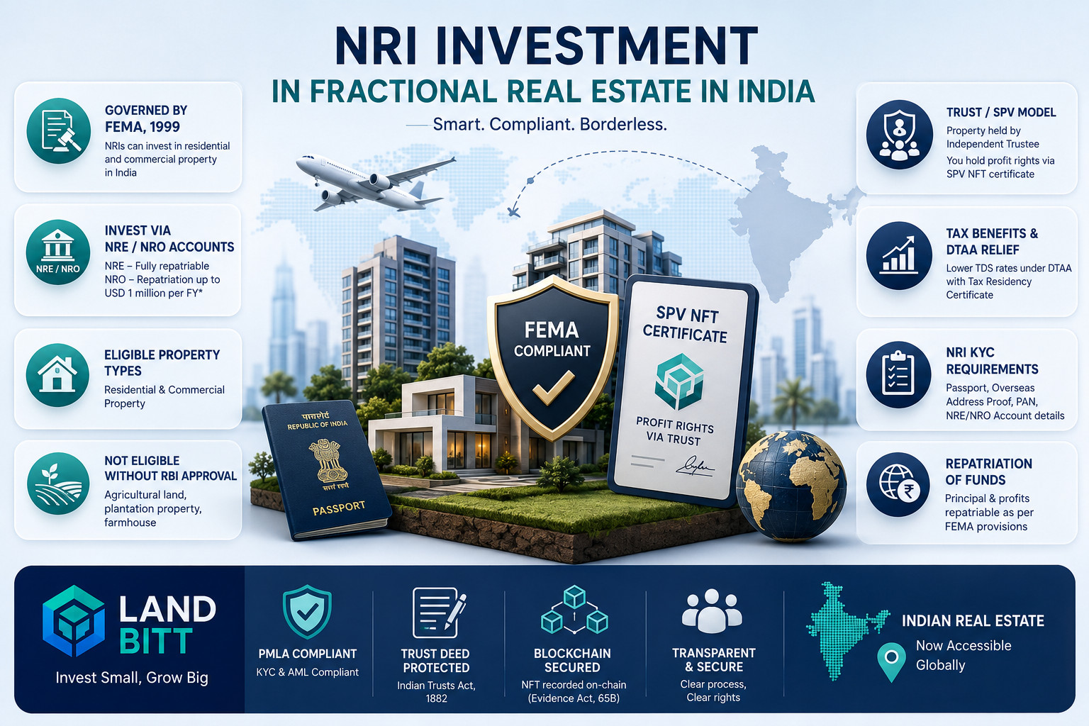 nri-investment-guide-fractional-real-estate-india-landbitt Illustration showing NRI investment in Indian fractional real estate through LandBitt, featuring Trust/SPV structure, FEMA compliance, SPV NFT certificate, passport, global investment, and secure property ownership framework.
