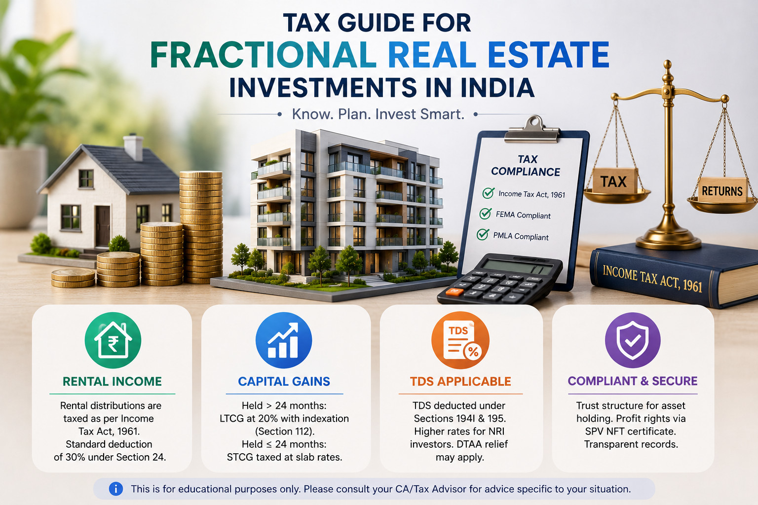 tax-guide-fractional-real-estate-investments-india Illustration explaining tax implications of fractional real estate investments in India, including rental income, capital gains, TDS, tax compliance, and investment planning under the Income Tax Act, 1961.